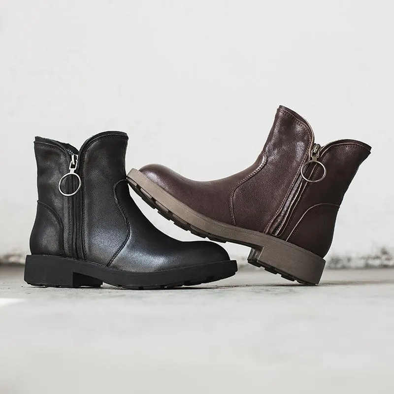 Waxing Sheepskin Short Boots Designer Retro Chunky Ankle Boots Dark Coffee/Black Maxct