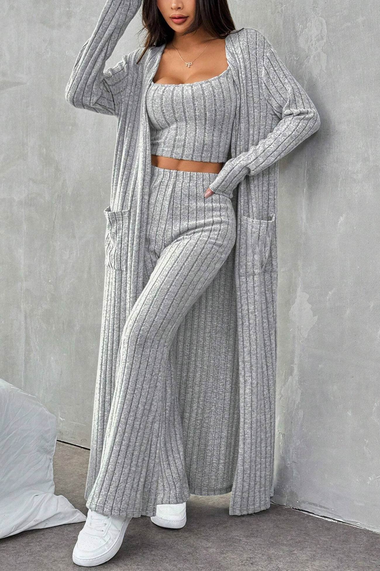 Maxct Grey Ribbed Knit Cardigan Three-piece Set