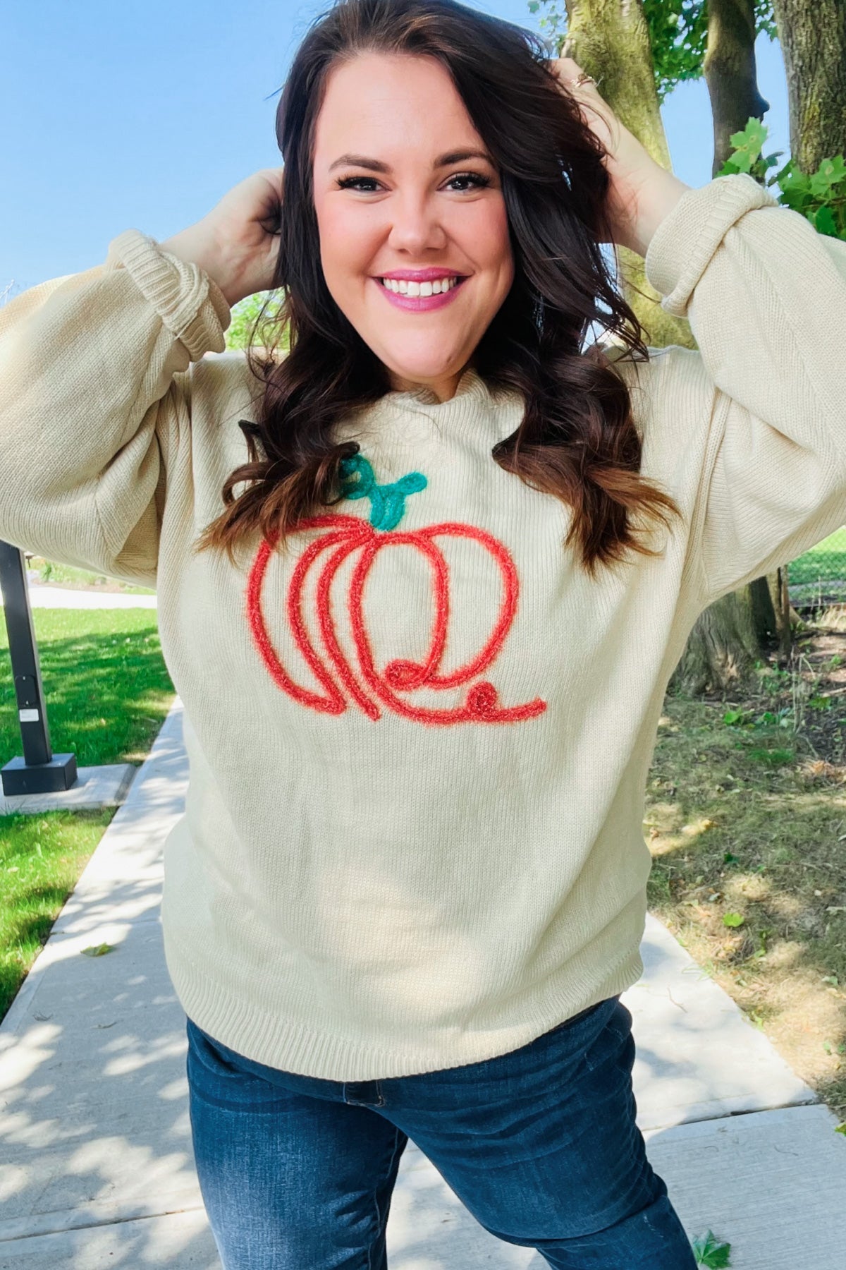 Maxct &Pumpkin Spice Metallic Yarn Embroidered Oversized Sweater