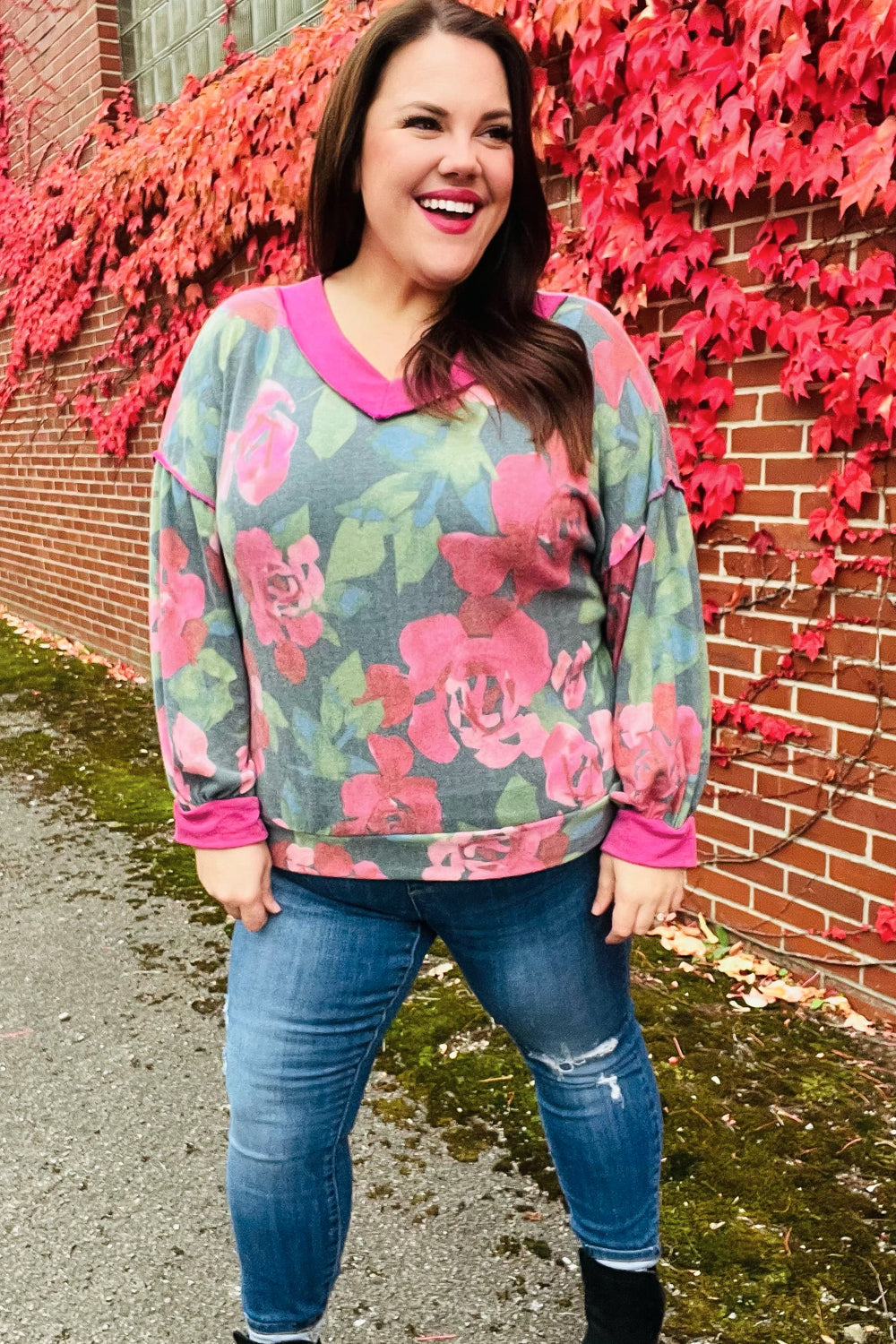 Maxct &Beautiful You Vintage Teal Floral Print V Neck Hacci Knit Sweater