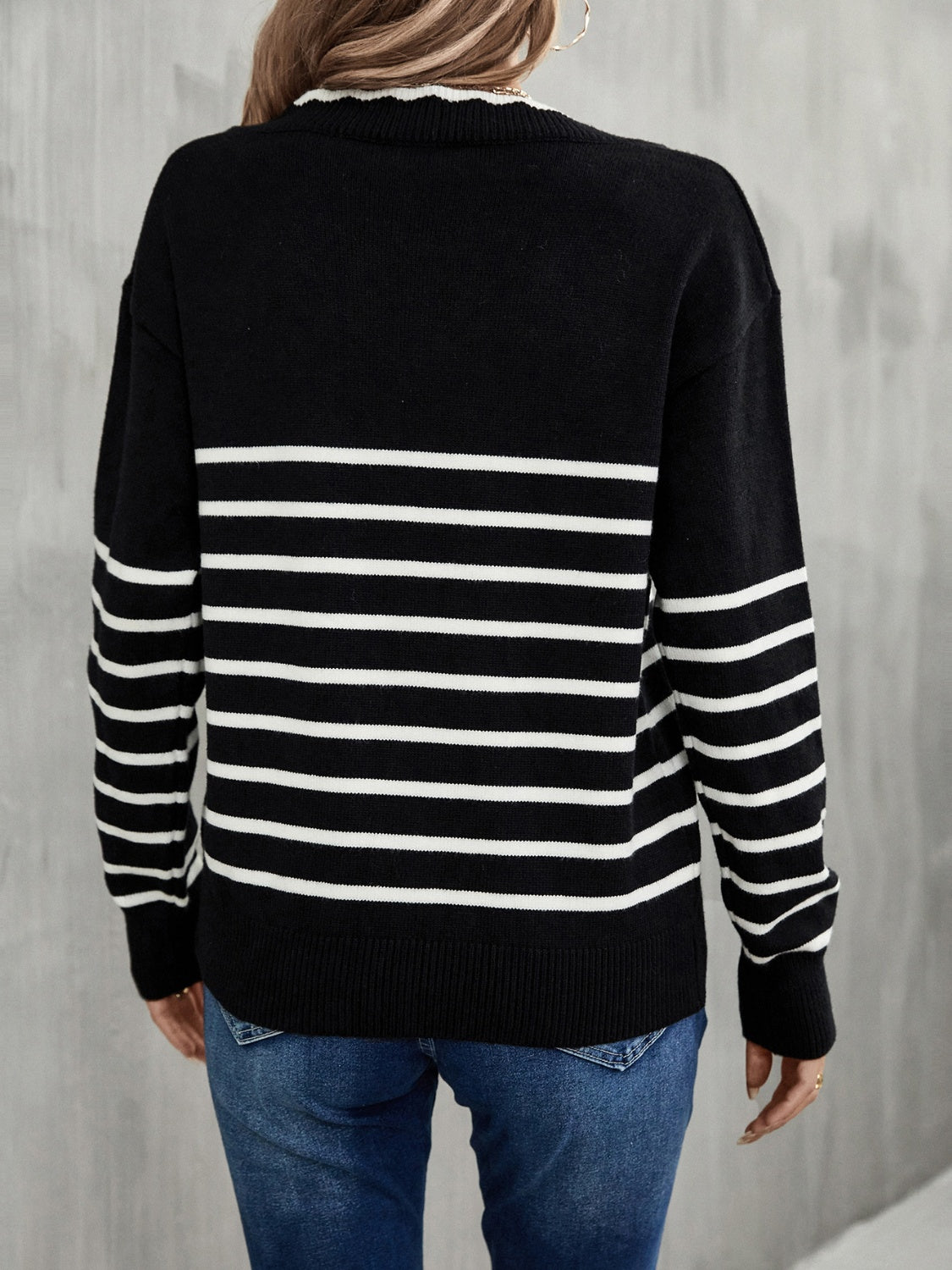 Maxct &Striped V-Neck Drop Shoulder Sweater