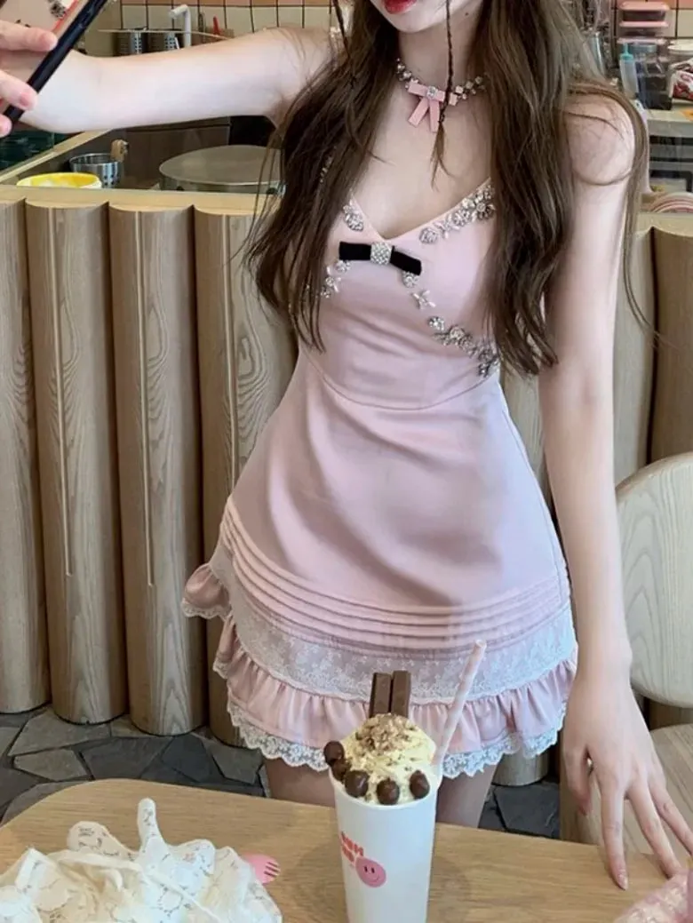 Maxct Sexy Patchwork Lace Mini Dress For Women V-neck High Waist Spaghetti Strap Dress Female Clothing