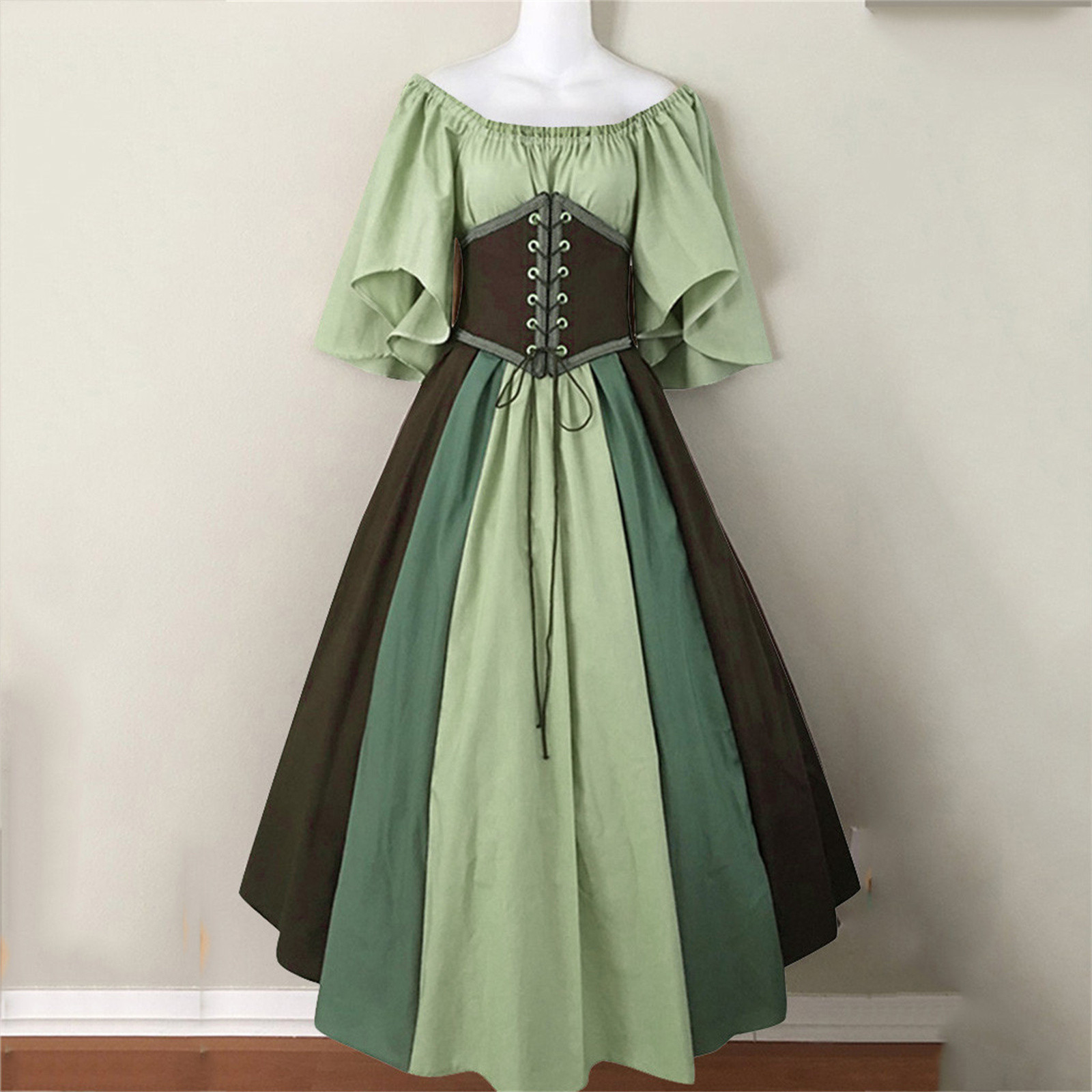 Maxct costume ideas Medieval Retro Contrast Color Slim Dress Flying Sleeve Large Swing Skirt off-Shoulder Dress Women's Cos Clothing Performance