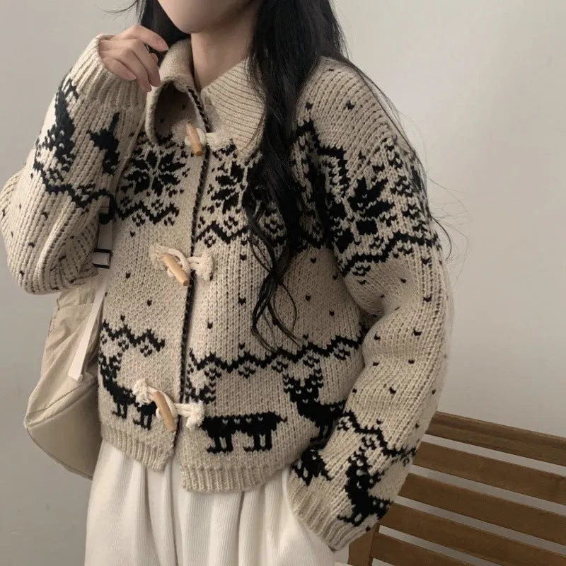 Maxct Aesthetic Snowflake Horn Button Knitted Cardigan - Image 2
