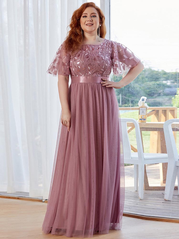 Leaf Sequin Bodice Mesh Party Dress Maxct