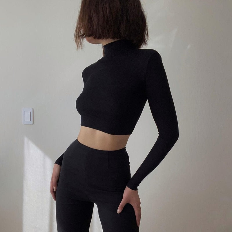 Maxct Stretch Rib Solid Color Long-Sleeved T-Shirt