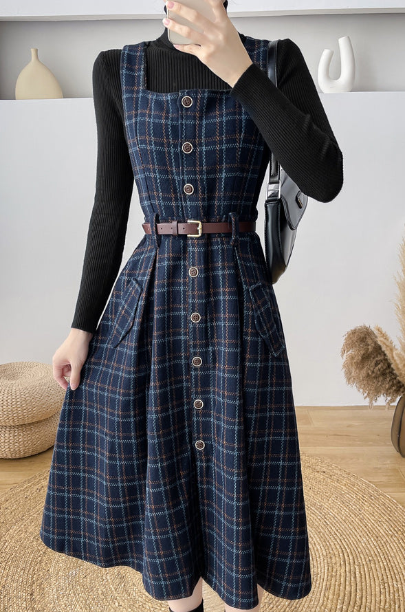 Button Up Plaid Pinafore Dress Maxct