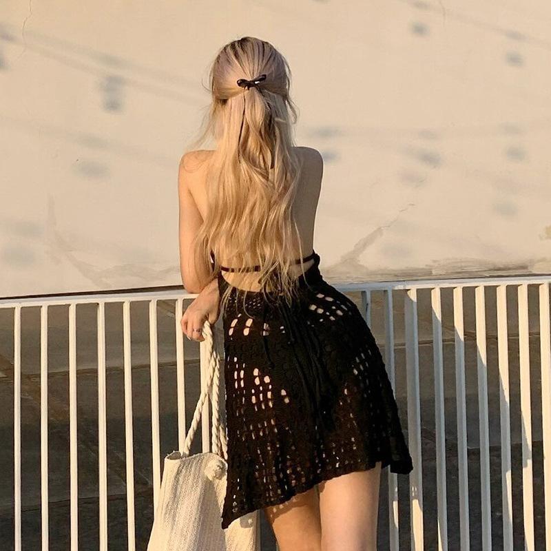 Maxct 2024 Summer Women's New Sexy V-neck Hollow-out Neck Skirt Lace-up Backless Knitted Dress Women