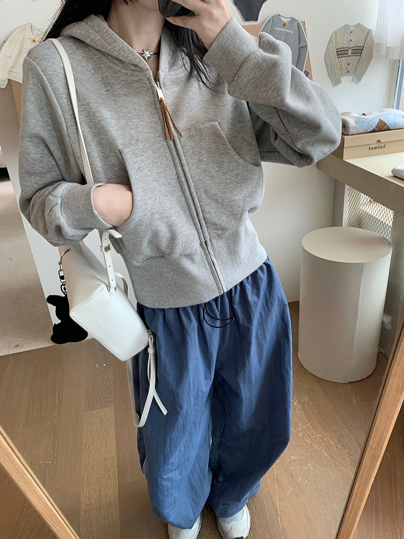 Grey Cropped Hoodies Zip Up Long Sleeve Sweatshirt Cardigan Oversized Autumn Fashion Wide Leg Track Pants Two Piece Sets
