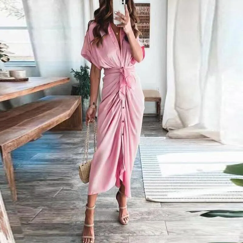 Maxct Short Sleeve Spring Dresses Fashion Summer Turn-down Collar Women Party Dress Elegant Button Office Lady Shirt Dress