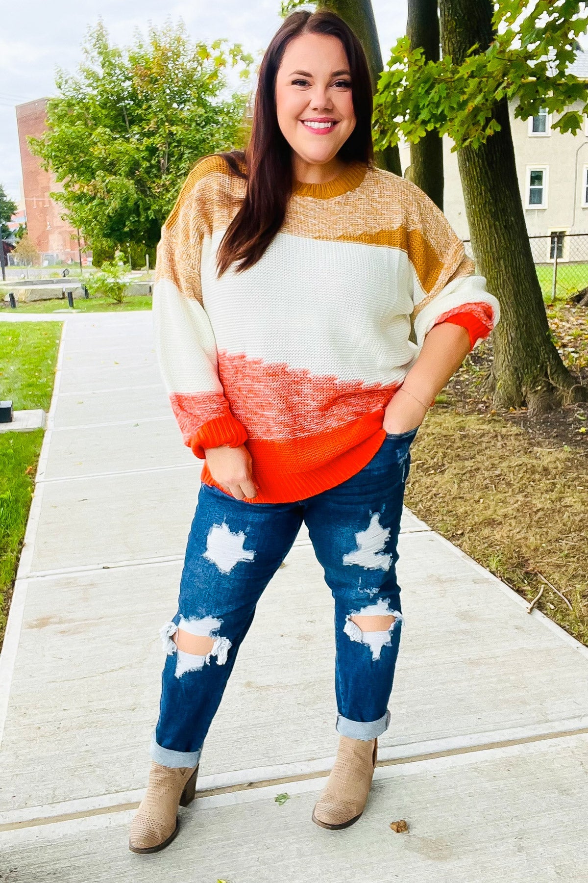 Maxct &Adorable You Camel & Orange Color Block Sweater