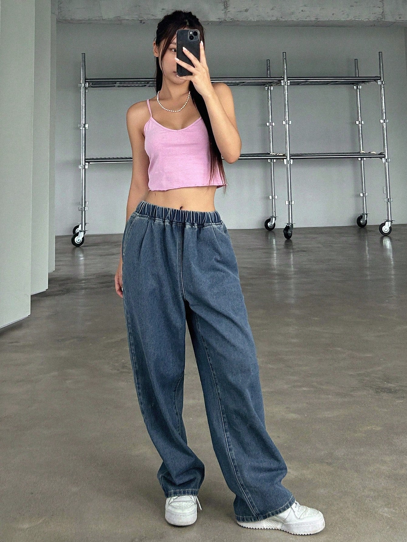 Maxct Women's Elastic Waist Wide Leg Loose Fit Casual Denim Pants With Pockets