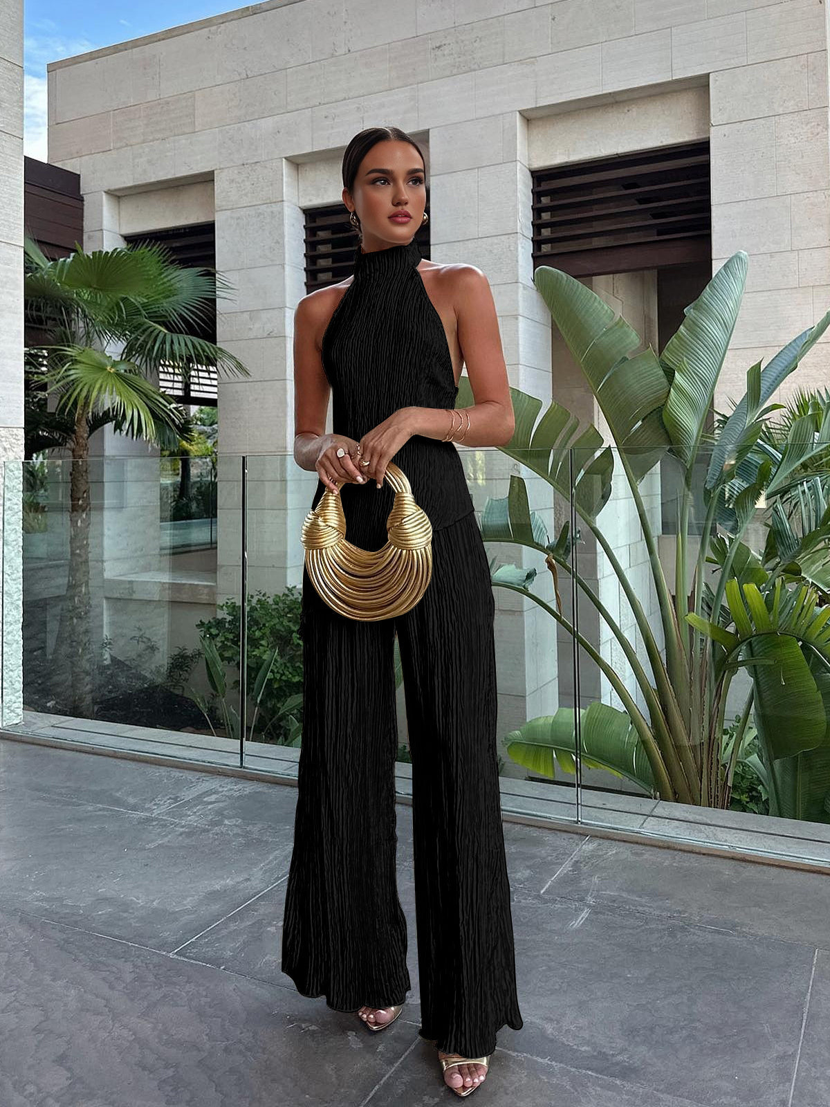 Maxct Asymmetric Halter Crop Top With Wide Leg Pants Set
