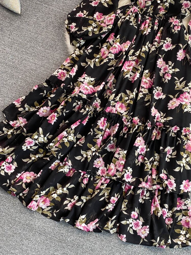 Vintage Floral Chiffon Long Dress Elegant O-Neck Puff Sleeve High Waist A-Line Ruffle Hem Vacation Beach Maxi Vestidos
