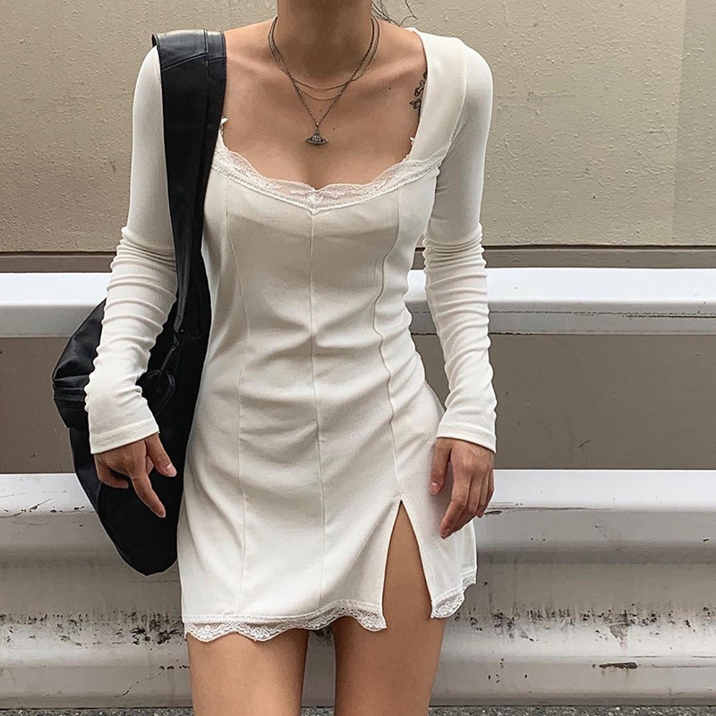 Maxct Autumn Spring Women Sexy Lace Patchwork Long Sleeve Split Dress Hip Package Mini Vestido Party Club Low Chest Outfits Cloth