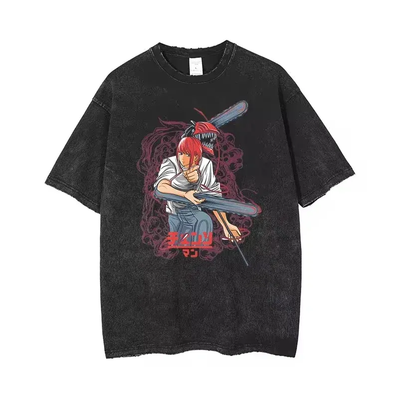 Maxct Anime Chainsaw Man Acid Tshirt Retro Vintage Washed Printed Graphic T Shirt Men Harajuku Cotton Casual Short Sleeve Tshirt Tops