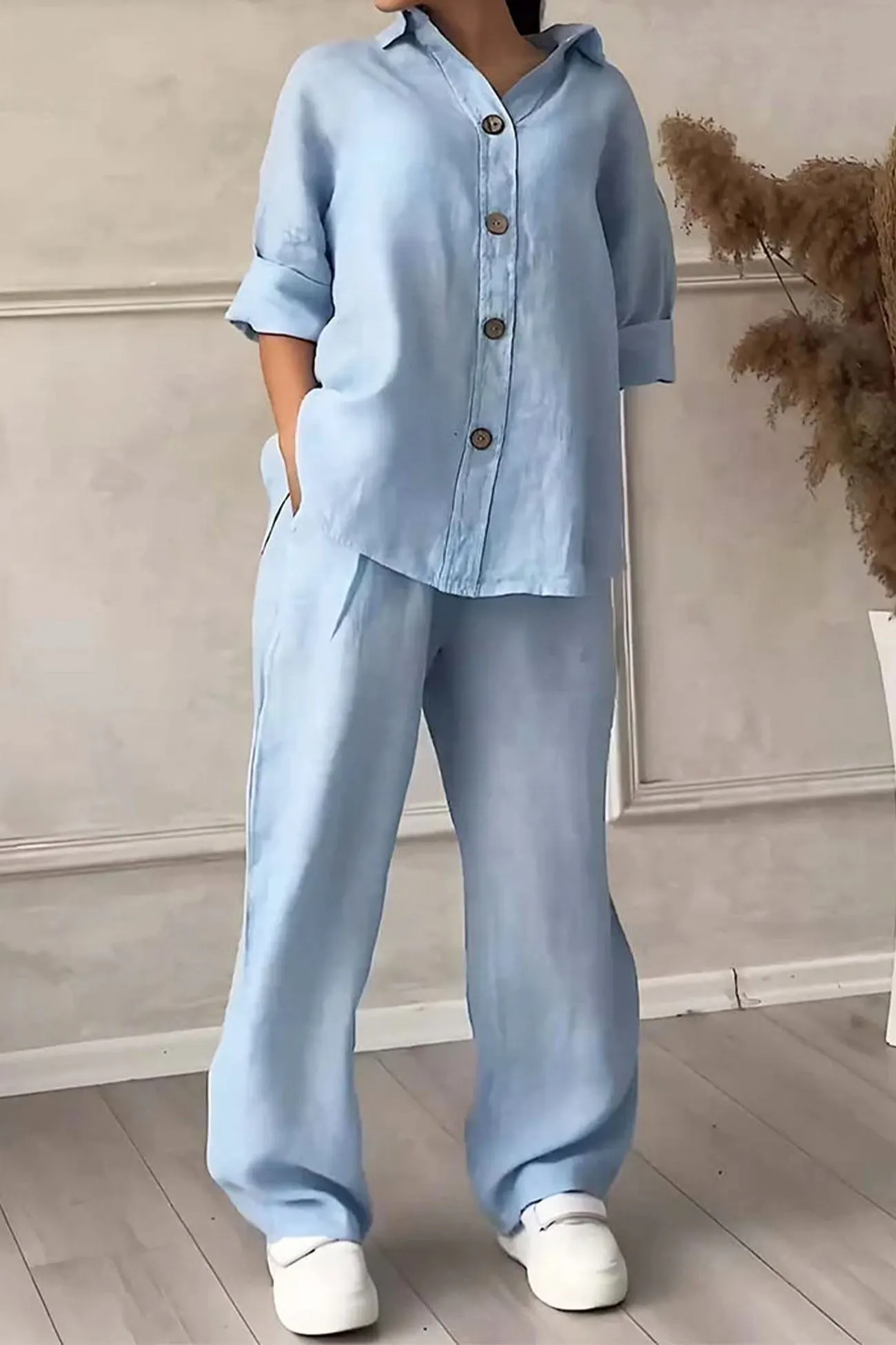 Maxct Solid Color Lapel Button Down Wide Leg Pants Set