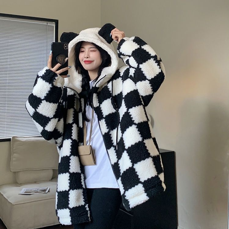 Checkered Cozy Bear Ears Zip-Up Hoodie for Women - true deals club