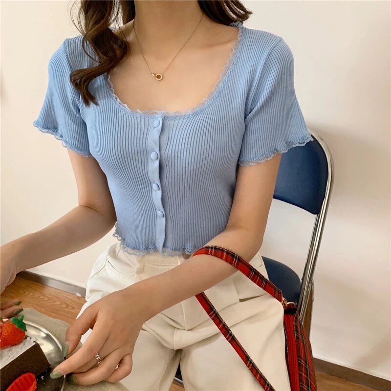 Maxct Women Patched Lace O-Neck Knitted Short Sleeve Thin Sweaters Cardigans Lady Single-breasted Buttons Sweater Crop Tops Female