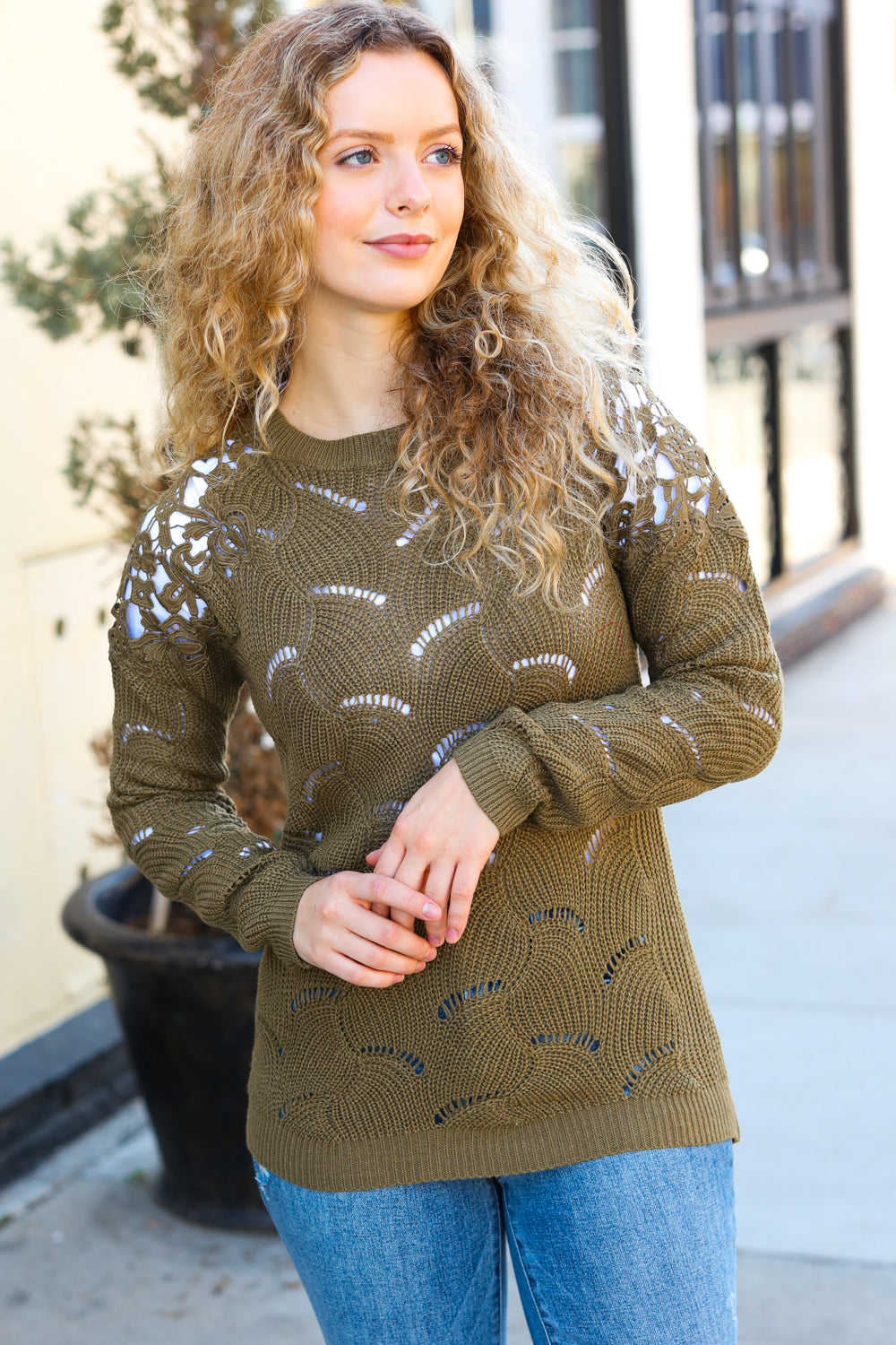 Maxct &Casual Chic Olive Pointelle Lace Shoulder Knit Sweater