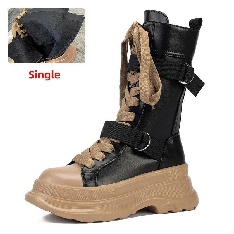 Platform Boots PU Leather Mid-Calf Combat for Women Maxct