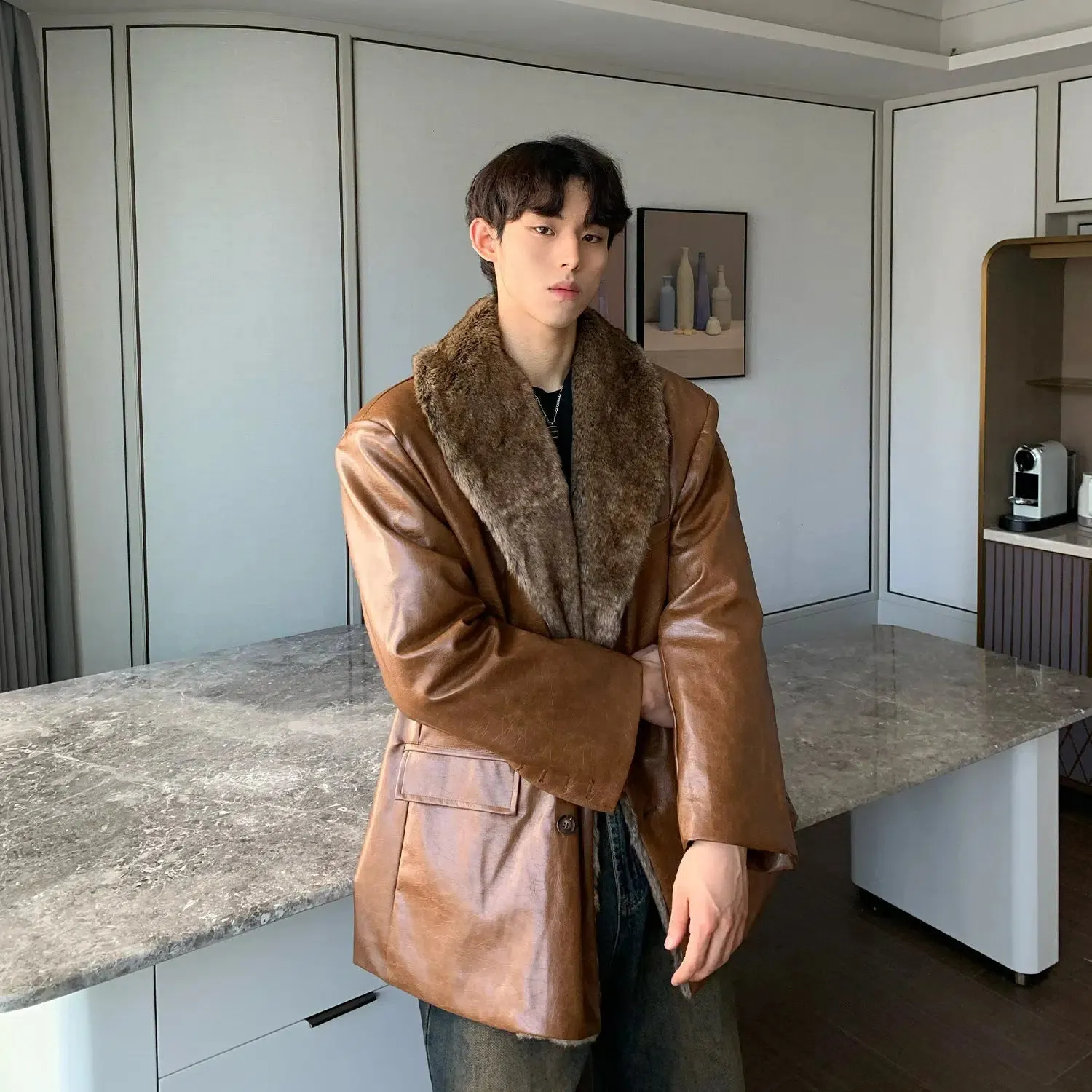 Maxct Fur Collar PU Leather Suit Jacket