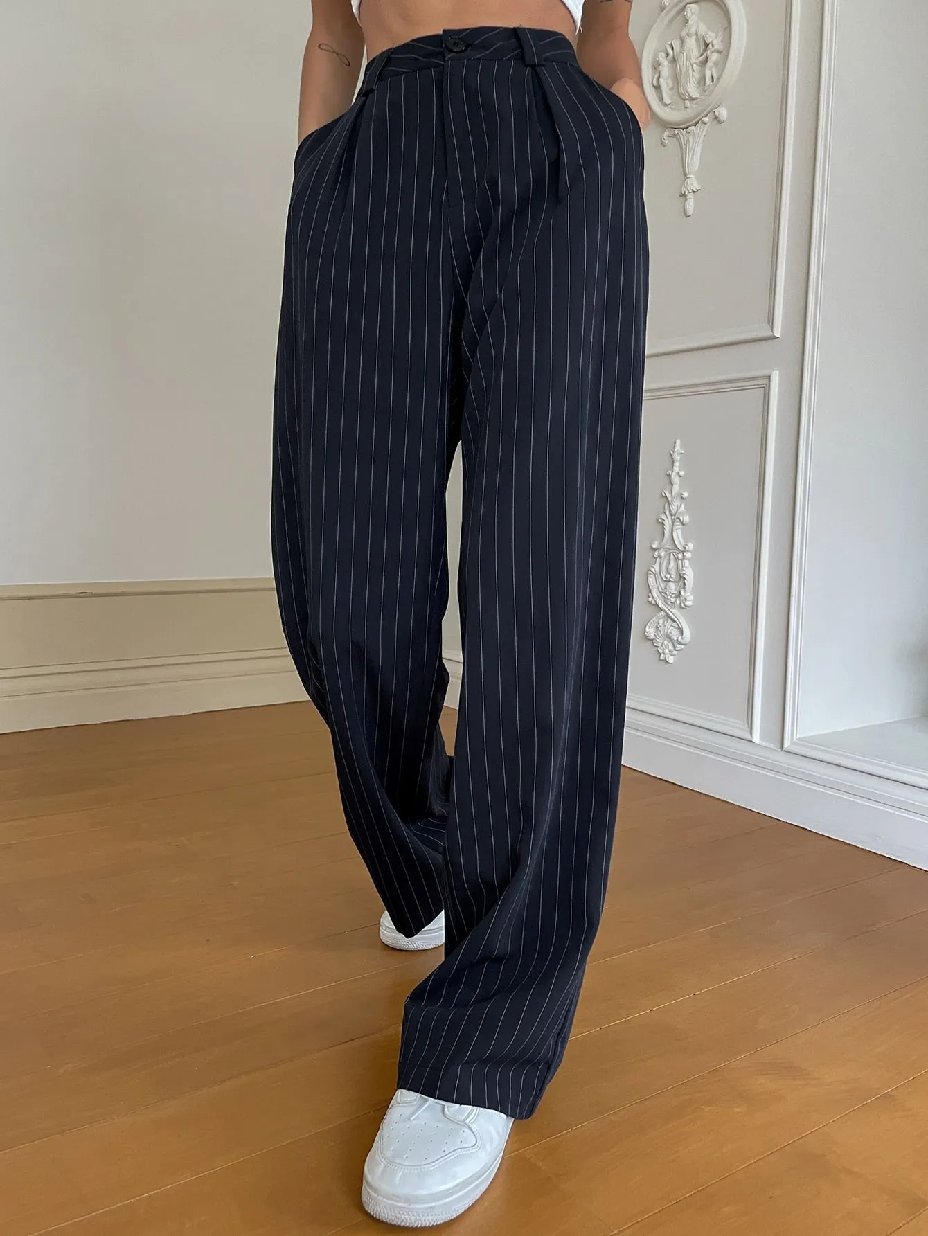 Maxct Pinstriped Print Wide Leg Suit Pants