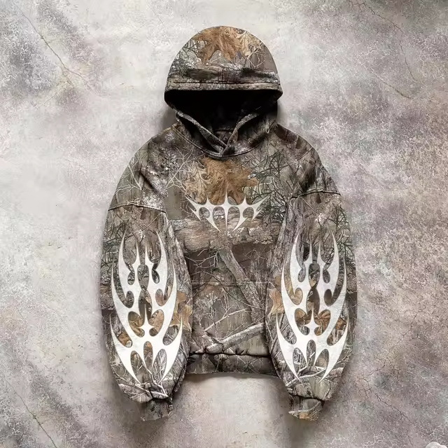 Maxct Camouflage Hooded Coat Sweater Loose New Printed Men's and Women's Pullover Street Fashion Y2K Retro