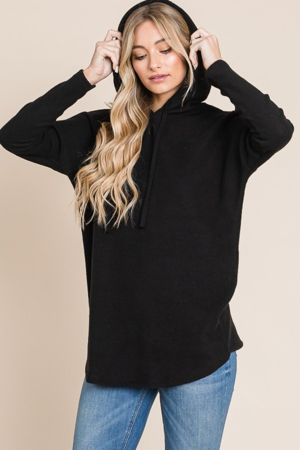 Maxct &BOMBOM Contrast Drawstring Drop Shoulder Knit Hoodie