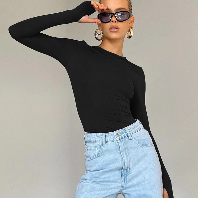 Female Korean Fashion Crop Tops Women Long Sleeve T-Shirts Solid Color O Neck Slim Fit Casual Basic Tees Going Out Outfits