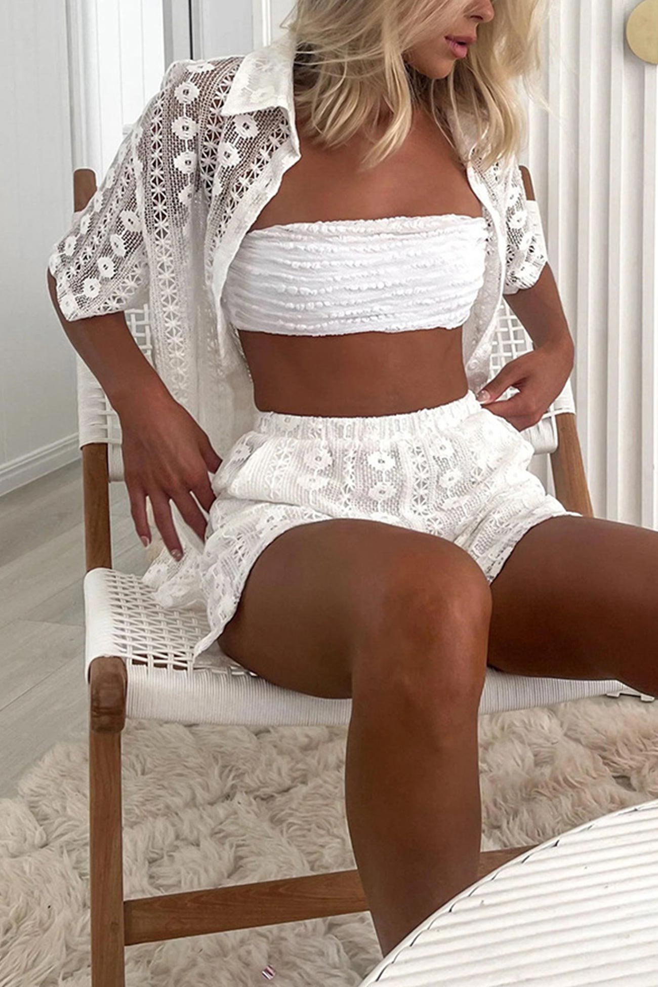 Maxct Lace Short Sleeve Cardigan Shorts Set