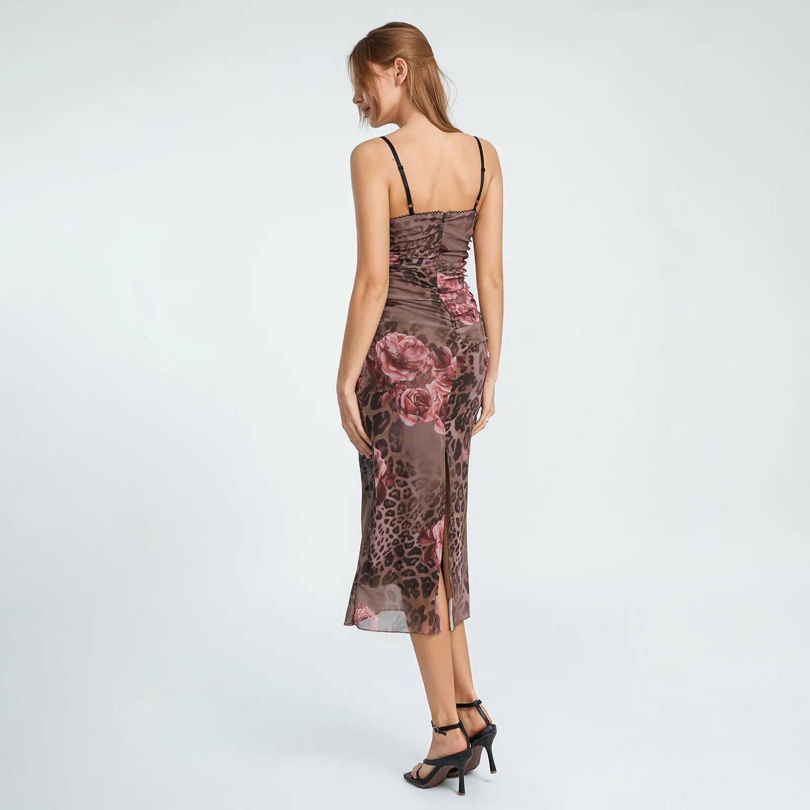 Maxct Women Vintage Sling Dress Spaghetti Straps Pleated Flower Print Lace Tulle Patchwork Summer Evening Party Midi Dress