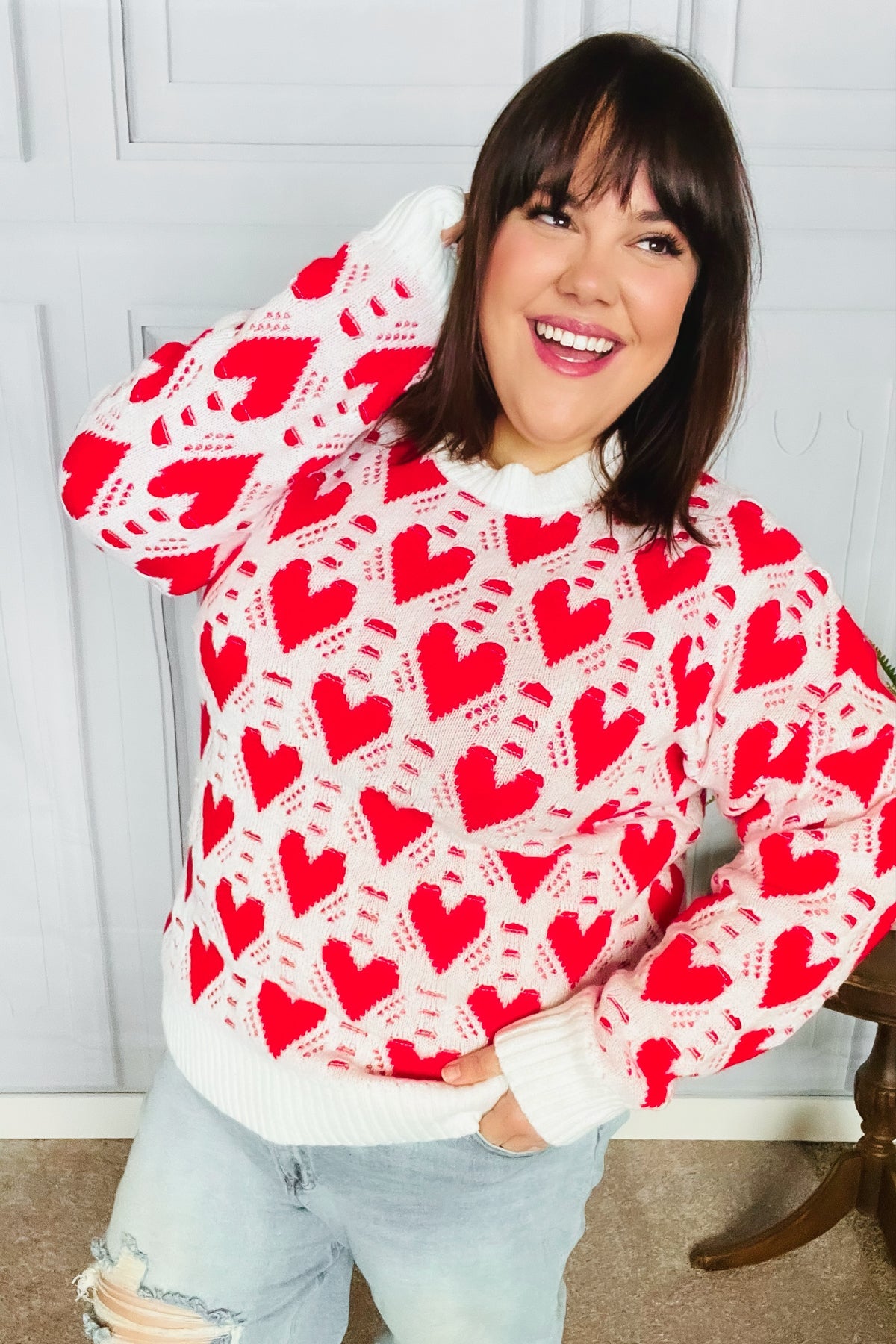 Maxct &True Hearts Ivory & Red Heart Oversized Sweater