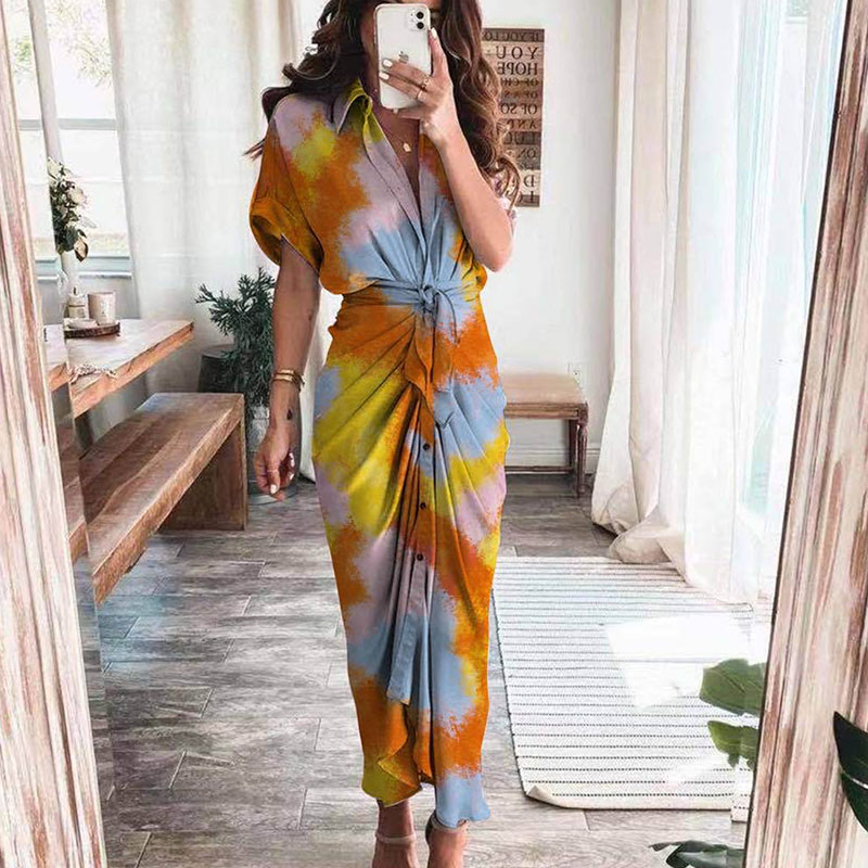 Maxct Short Sleeve Spring Dresses Fashion Summer Turn-down Collar Women Party Dress Elegant Button Office Lady Shirt Dress