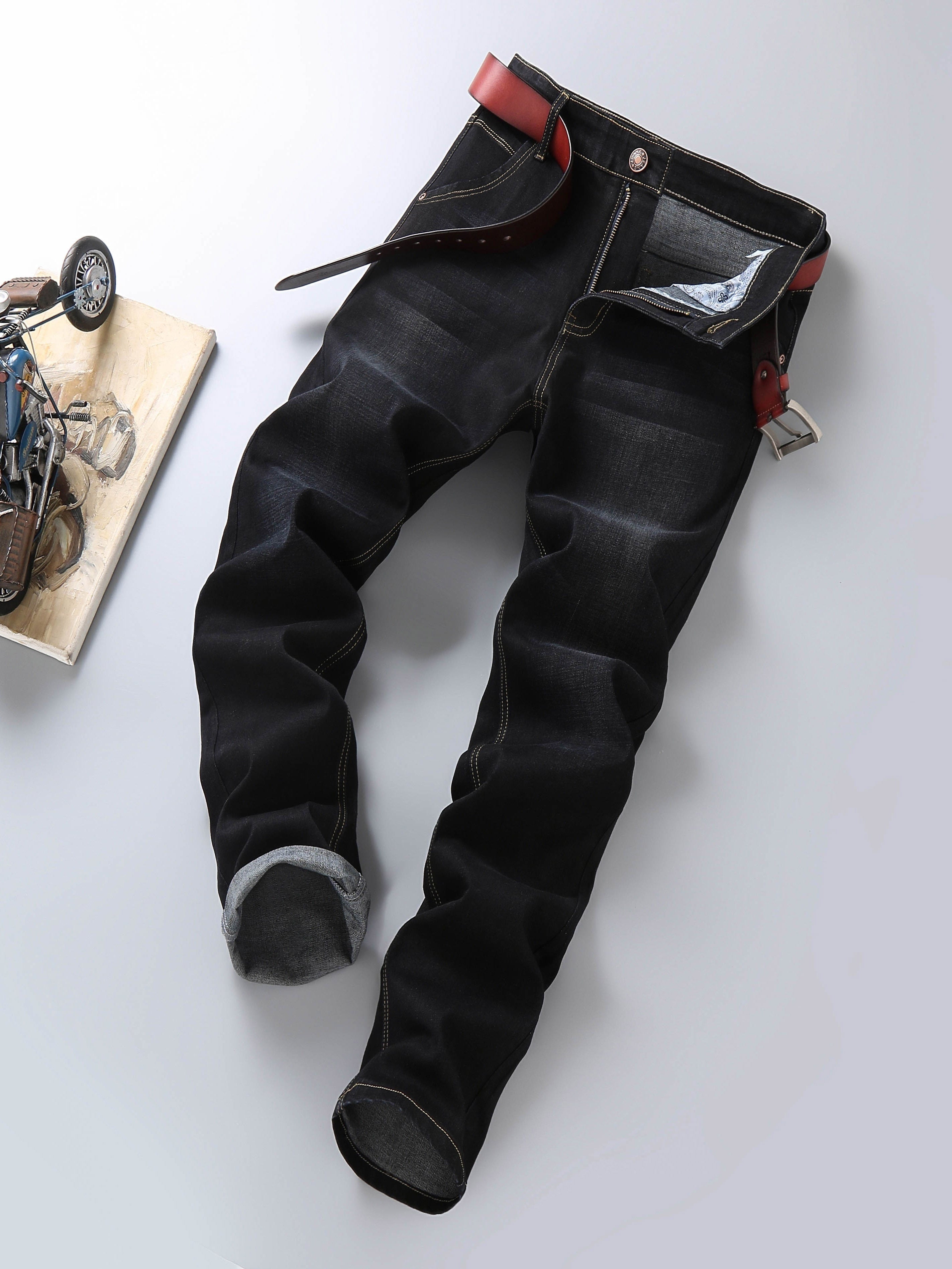 Maxct  Men's Straight Leg Slim Stretch Retro Jeans Mid Waist Basic Zipper Wash Denim Pants