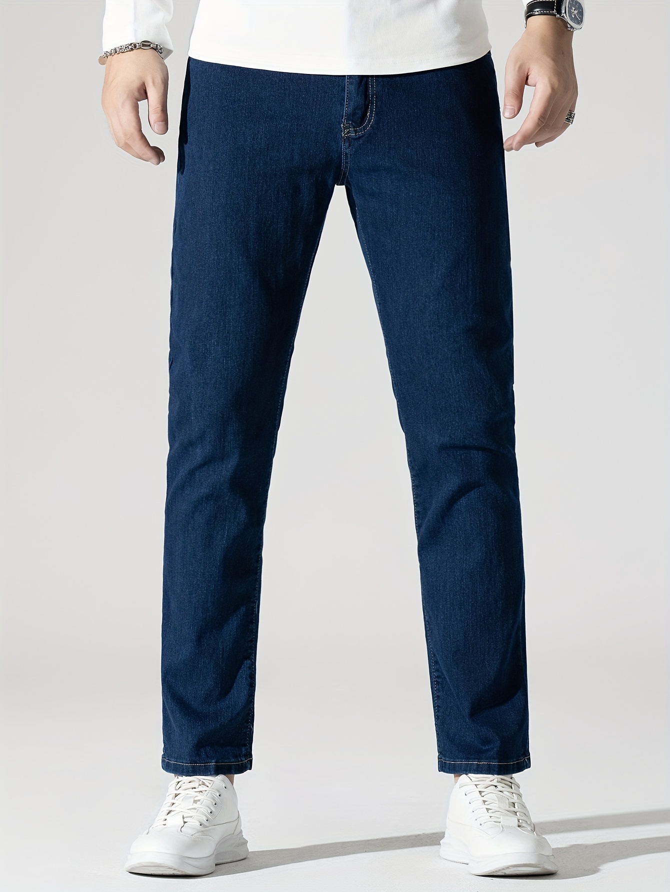 Men's High Stretch Jeans For Business, Slim Fit Denim Pants With Pockets For Spring Fall