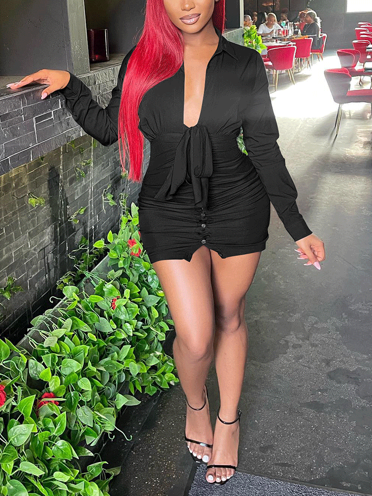 Deep V-neck Front Tie Mini Dress Maxct