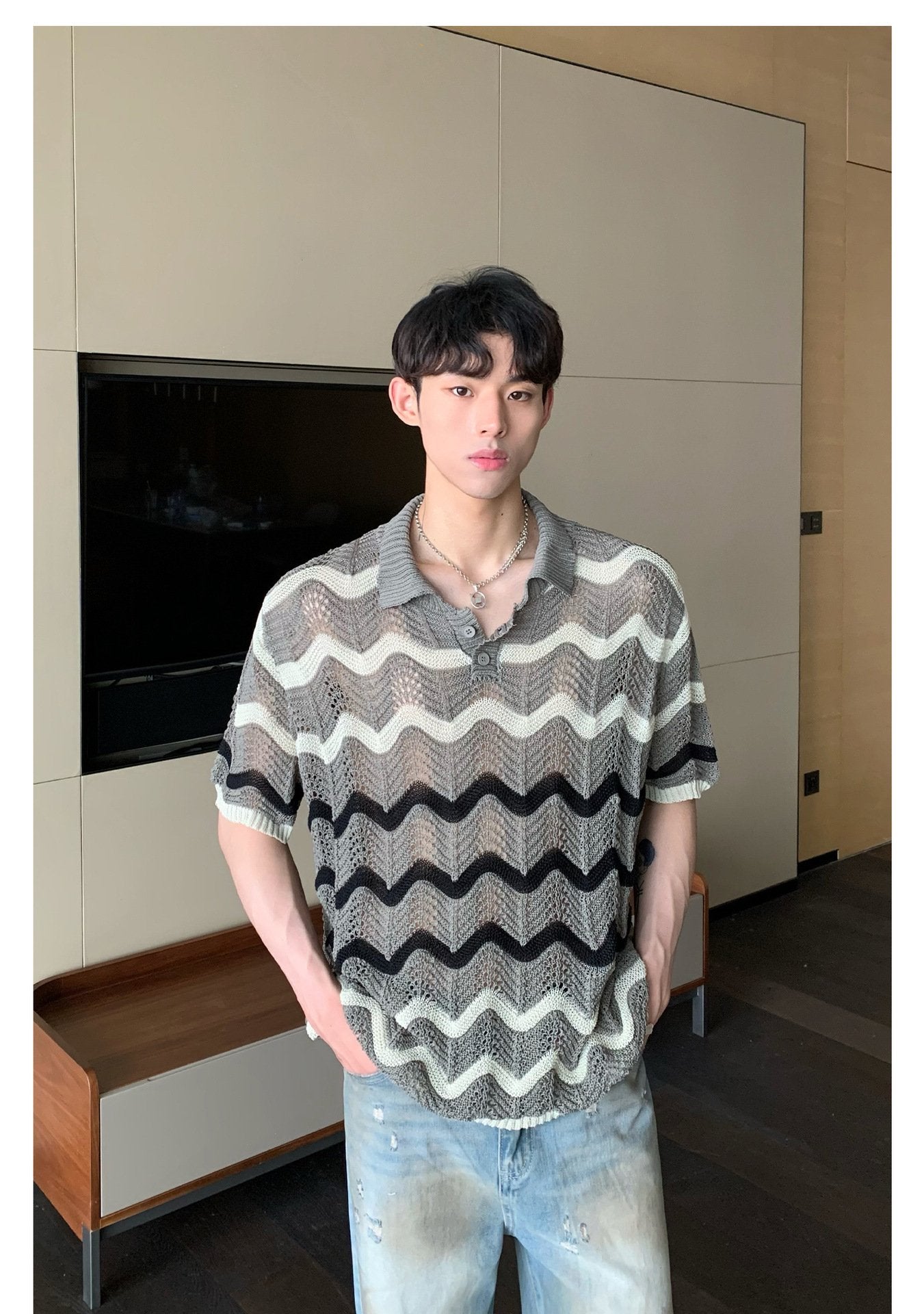 Maxct 90s Streetwear Korean Style Summer High-end Sense Hollow Color Stripe Lap Short-sleeved Niche Design POLO Shirt T-shirt Casual Top