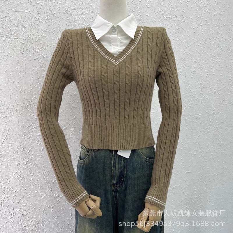 Maxct classy outfits men Preppy Style Twist Stitching Shirt Collar Fake Two Pieces Autumn New Knitwear Sweater Coat Top for Women