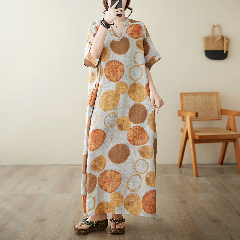 Women Summer V-Neck Cotton Linen Loose Dress