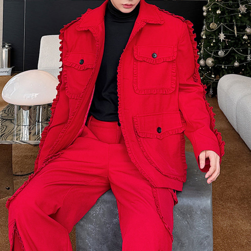 Maxct Red Suit Multi-pocket Jacket Wide-leg Trousers Two-piece Set