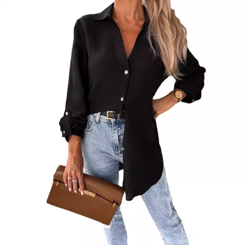 Maxct fashion outfits Autumn Simple Solid Color Sleeve V-neck Button Lapel Shirt for Women