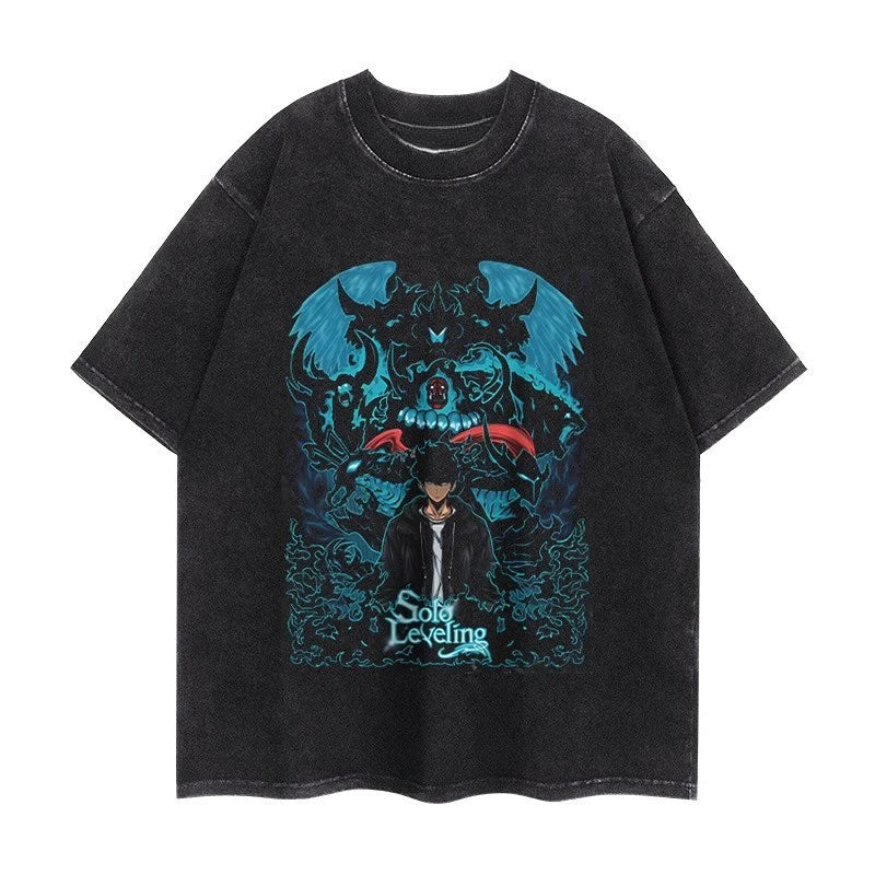 Maxct 90s Streetwear Solo Leveling Anime T Shirt Men Harajuku Printed Pattern Men Clothing Streetwear Oversized Tops Graphic Cotton Short Sleeve