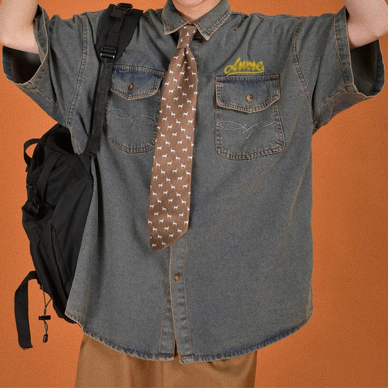 Maxct Trendy Patchwork Pockets Denim Shirt For Men Summer Fashion Letter Embroidery Denim Mens Shirts Short Sleeve Button Lapel Shirt