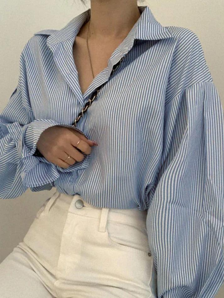 Maxct Stripe Lantern Sleeve Long Sleeve Blouse