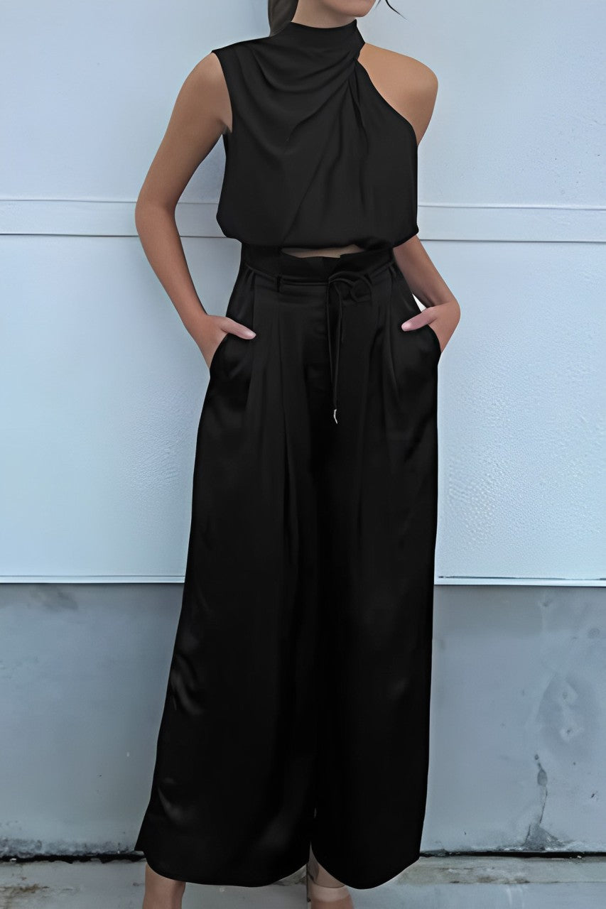 Maxct Satin Mock Neck Crop Top Pants Suits - Image 4