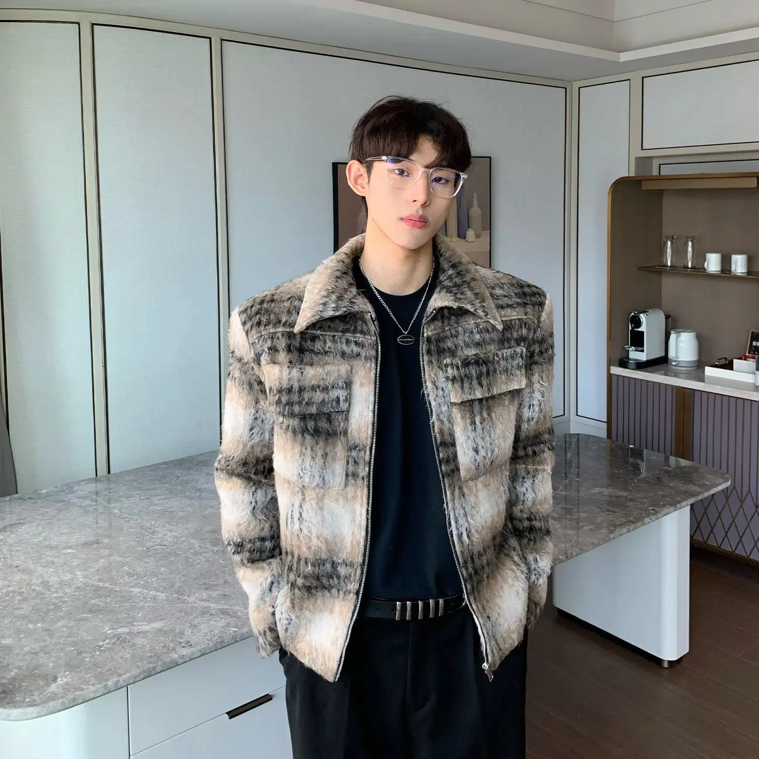Maxct Checked Wool Jacket with Shoulder Pads