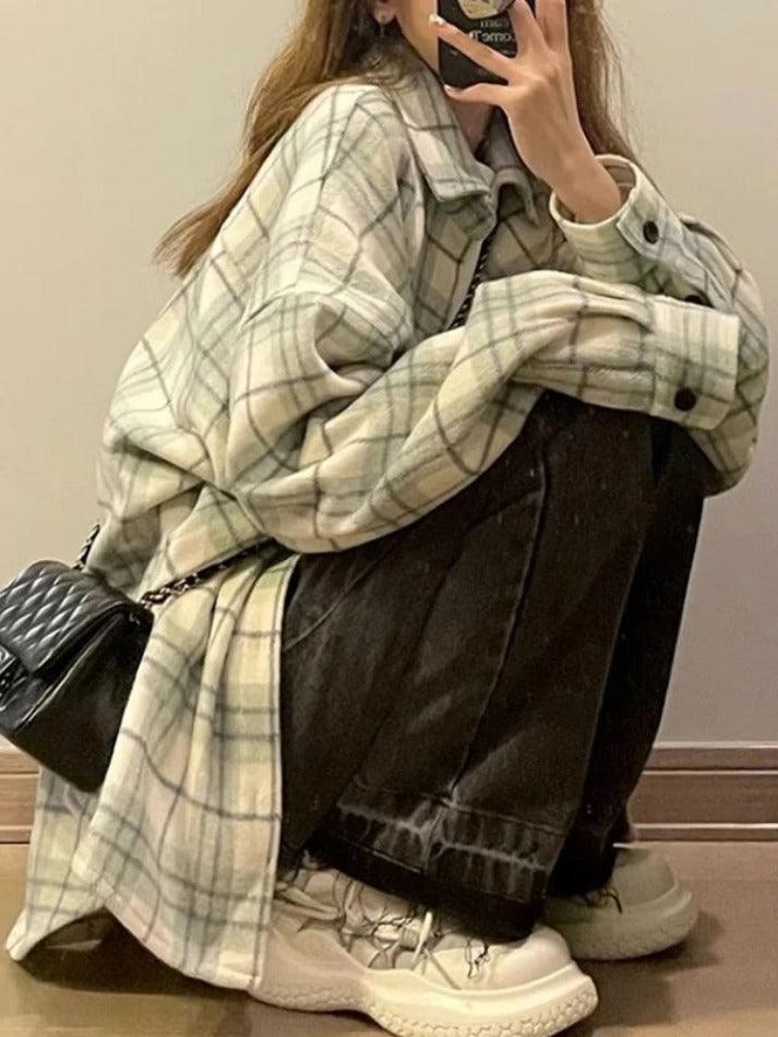 Maxct Vintage Plaid Print Brushed Long Sleeve Blouse
