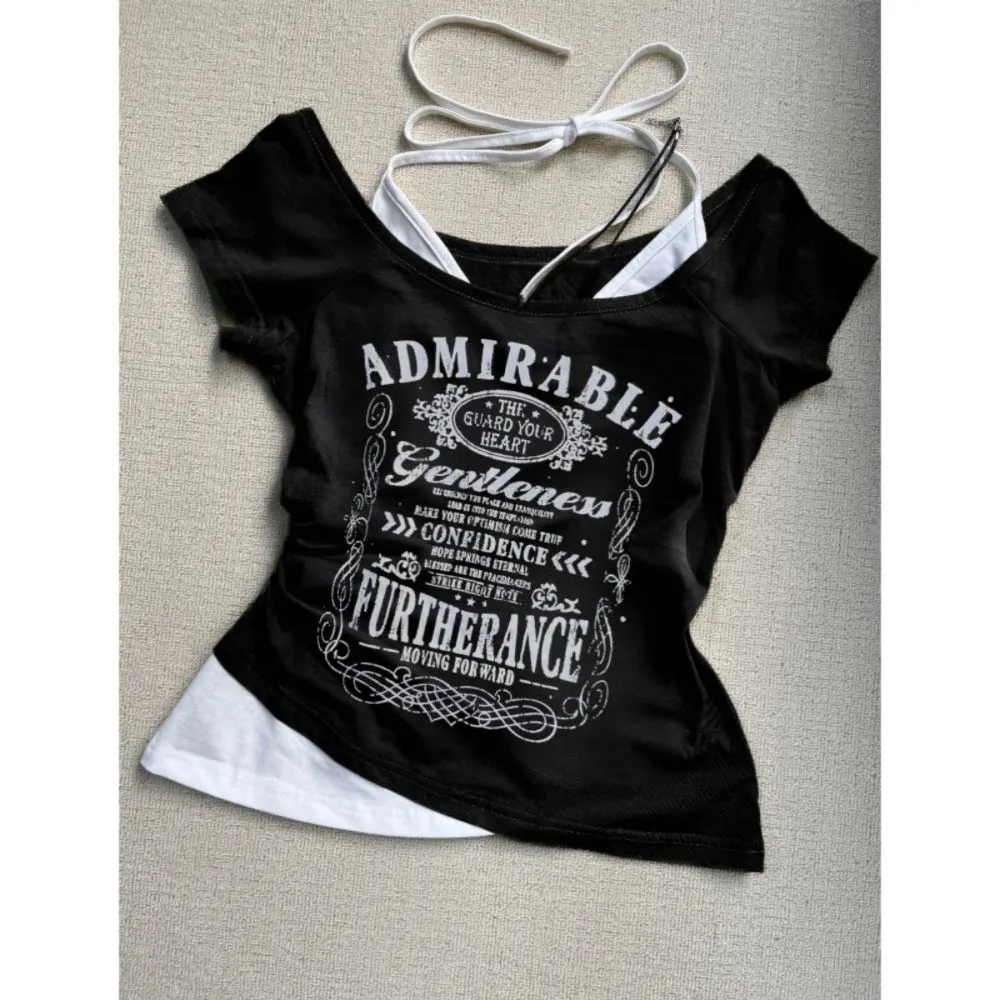 American Black Fake Two-piece Halter Neck Letter Print T-shirt Fashion Street Hot Girl Sexy Slim Off Shoulder Millennium Y2K Top