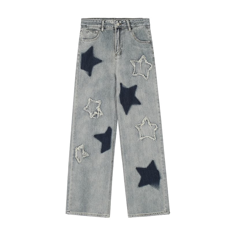 American Star Embroidery Women's Denim Trousers: Y2K High Street Casual Loose Straight Leg Pants - true deals club